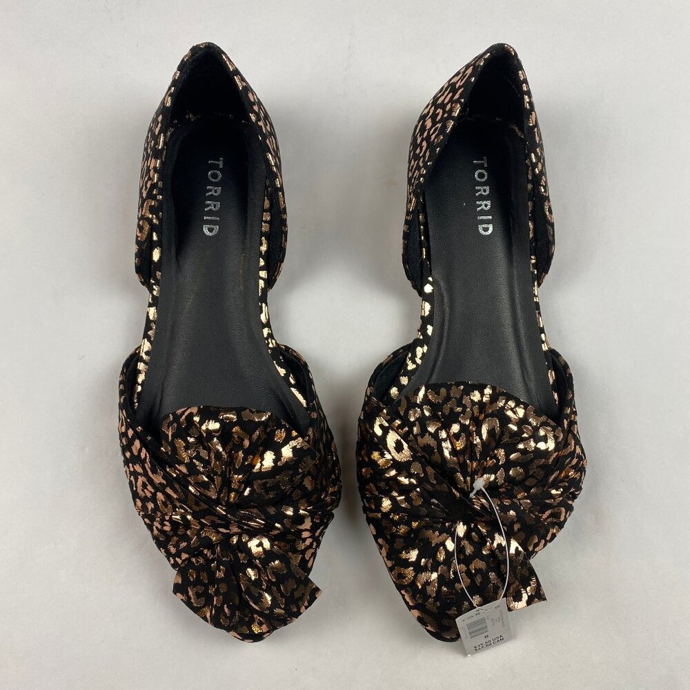NWT Torrid Flats Black Metallic Gold Bow Leopard Print Shoes Women's Size 8WW - Picture 2 of 11